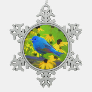 Indigo Bunting Painting - Original Bird Art Snowflake Pewter Christmas Ornament