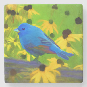 Indigo Bunting Painting - Original Bird Art Stone Coaster