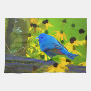 Indigo Bunting Painting - Original Bird Art Tea Towel