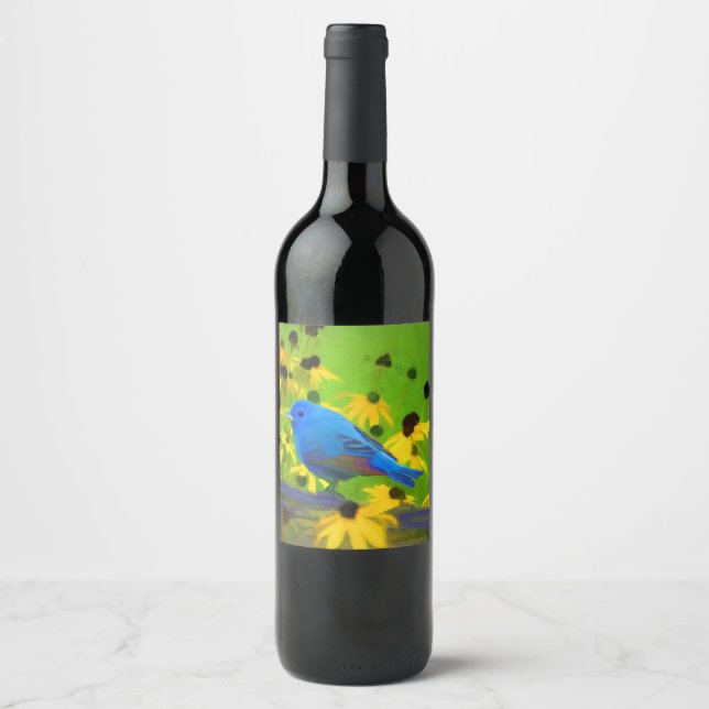 Indigo Bunting Painting - Original Bird Art Wine Label (Front)
