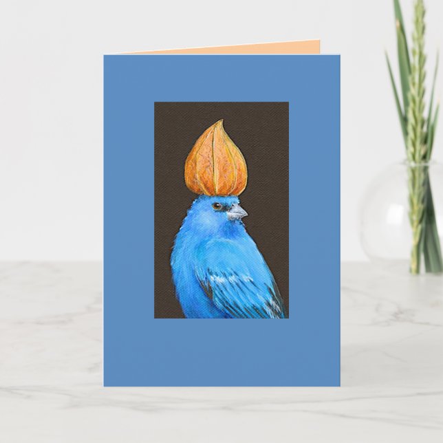 Indigo bunting with Chinese lantern hat card (Front)