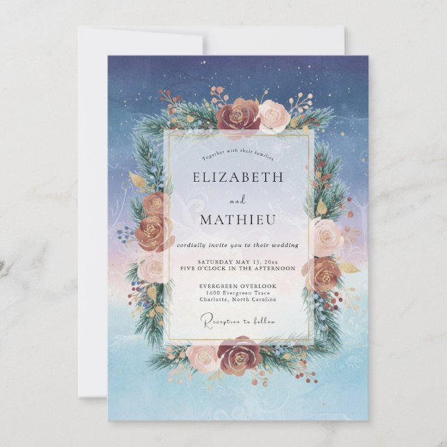 Indigo Burgundy Ranunculus Eucalyptus Wedding Invitation (Front)