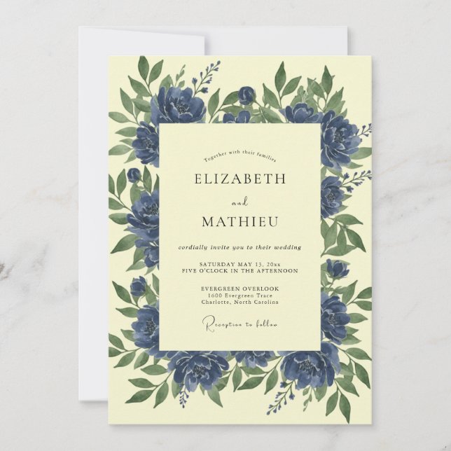 Indigo Butter Peony Wedding Invitation (Front)