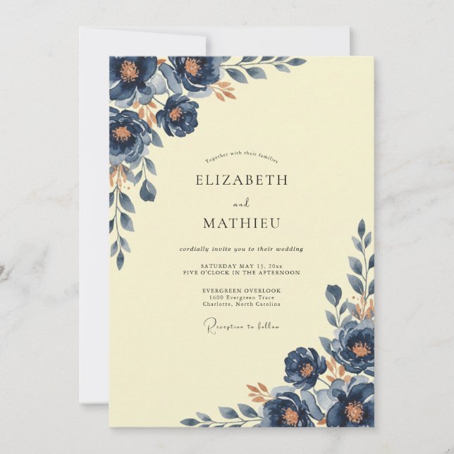 Indigo Buttercream Leafy Wedding Invitation (Front)