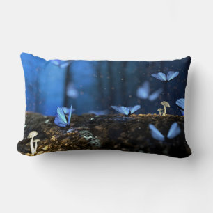 Indigo Butterfly and Mushroom Forest Lumbar Cushion