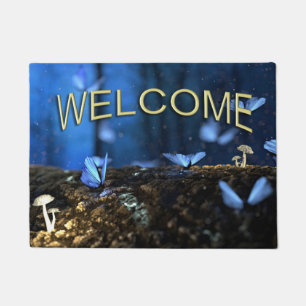 Indigo Butterfly and Mushroom Forest Welcome Doormat