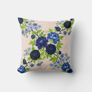 Indigo Camellias Floral Monochrome Pillow