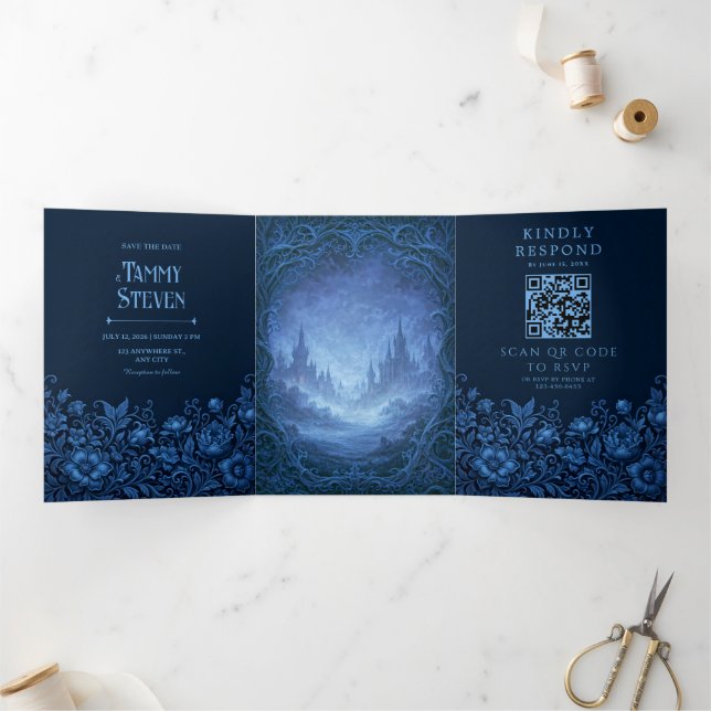 Indigo Carved Vine Fantasy Castle Wedding Tri-Fold Invitation (Inside)