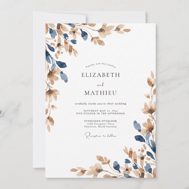 Indigo Champagne Foliage Eucalyptus Wedding Invitation (Front)