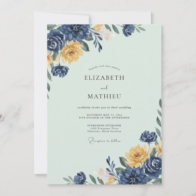 Indigo Champagne Gold Leafy Wedding Invitation (Front)
