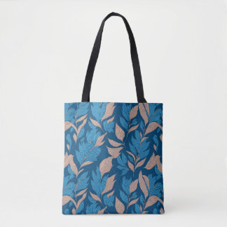 Indigo colour pattern with feathers tote bag