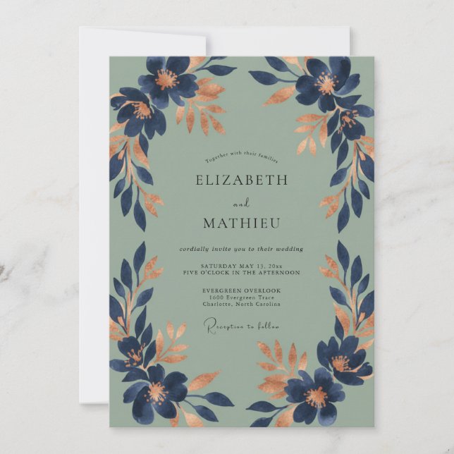 Indigo Copper Blossom Wedding Invitation (Front)