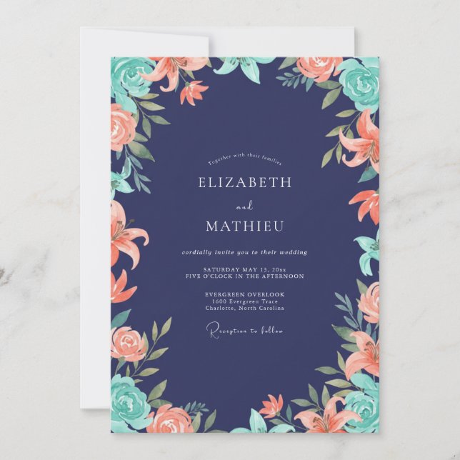Indigo Coral Lily Wedding Invitation (Front)
