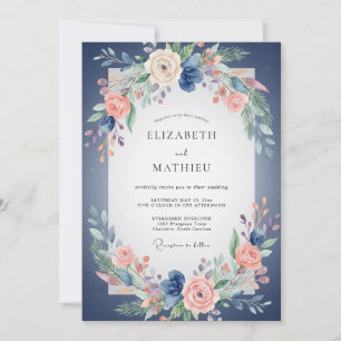 Indigo Coral Peony Wedding Invitation