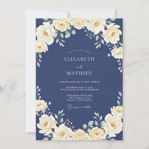 Indigo Cream Ranunculus Eucalyptus Wedding Invitation
