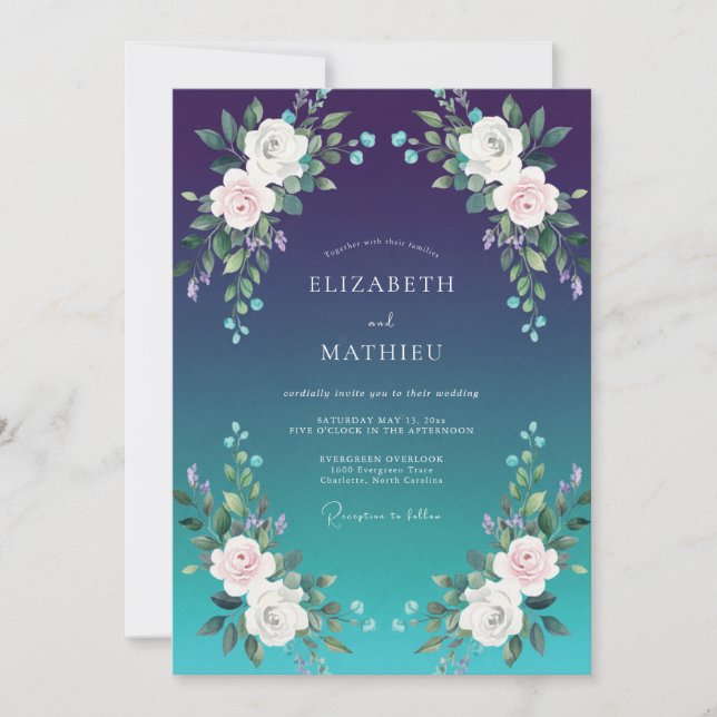Indigo Cyan Ranunculus Eucalyptus Wedding Invitation (Front)