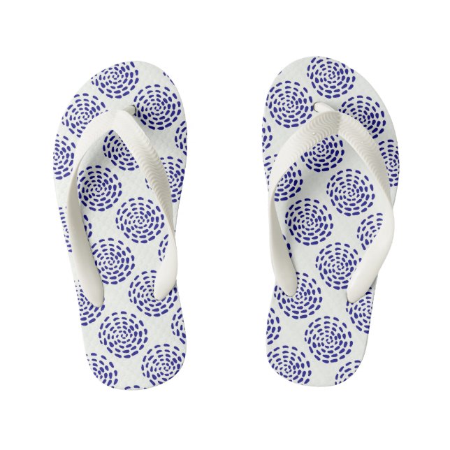 Indigo dark blue striped circle pattern on white kid's jandals (Footbed)