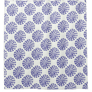Indigo dark blue striped circle pattern on white shower curtain