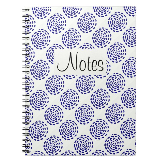 Indigo dark blue striped circle pattern on white spiral notebook (Front)