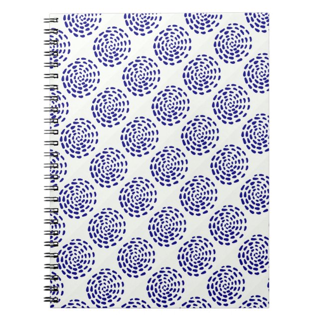 Indigo dark blue striped circle pattern on white spiral notebook (Front)