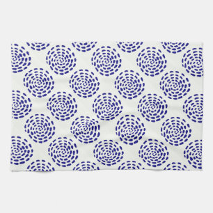 Indigo dark blue striped circle pattern on white tea towel