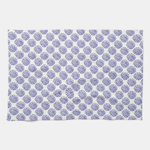 Indigo dark blue striped circle pattern on white tea towel