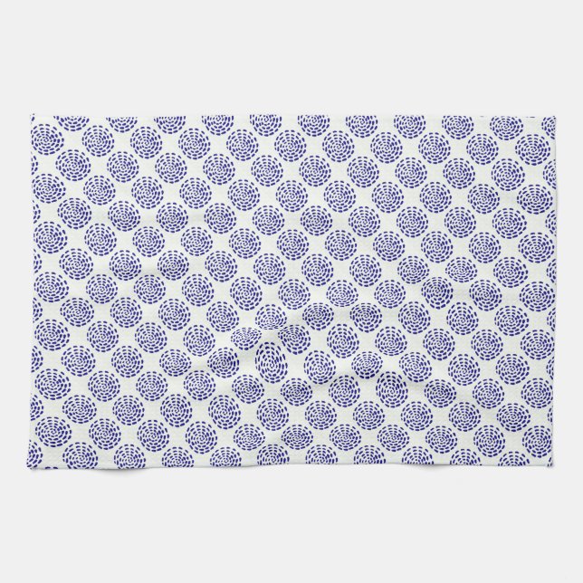 Indigo dark blue striped circle pattern on white tea towel (Horizontal)