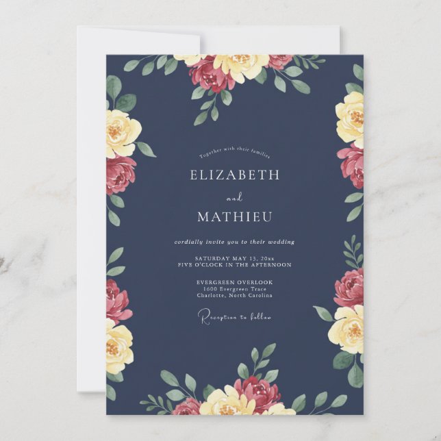 Indigo Deep Burgundy Petal Wedding Invitation (Front)