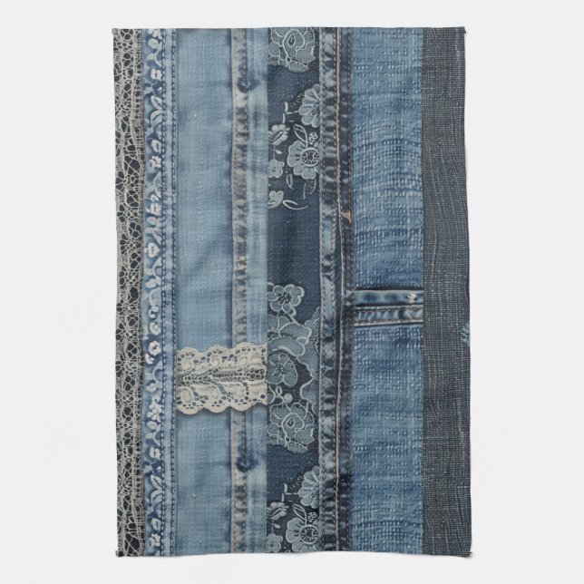 Indigo Denim Lace Stripe Pattern Tea Towel (Vertical)