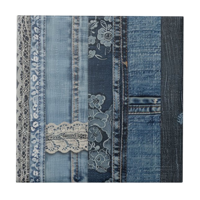Indigo Denim Lace Stripe Pattern Tile (Front)