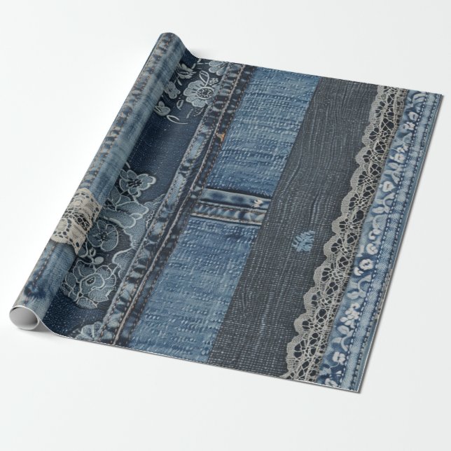 Indigo Denim Lace Stripe Pattern Wrapping Paper (Unrolled)