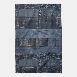 Indigo Denim Patchwork Seamless Pattern (2) Tea Towel