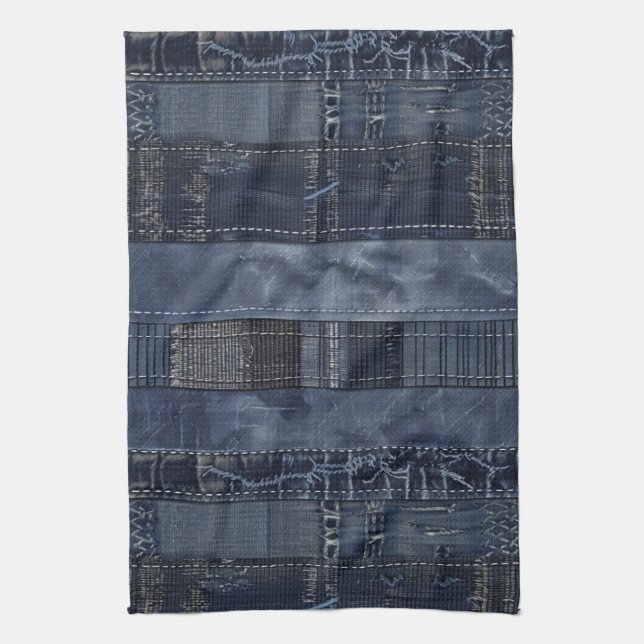 Indigo Denim Patchwork Seamless Pattern (2) Tea Towel (Vertical)