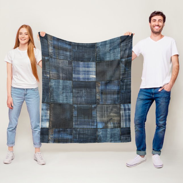 Indigo Denim Patchwork Seamless Pattern Fleece Blanket (In Situ)