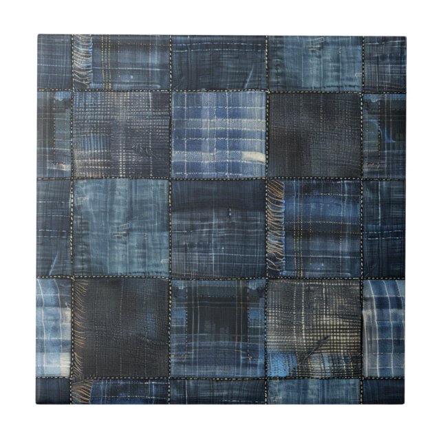 Indigo Denim Patchwork Seamless Pattern Tile (Front)