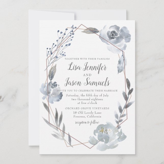 Indigo Dusty Blue Floral Geometric Wedding Invite (Front)