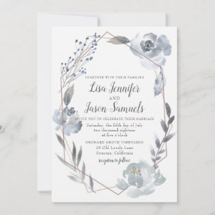 Indigo Dusty Blue Floral Geometric Wedding Invite