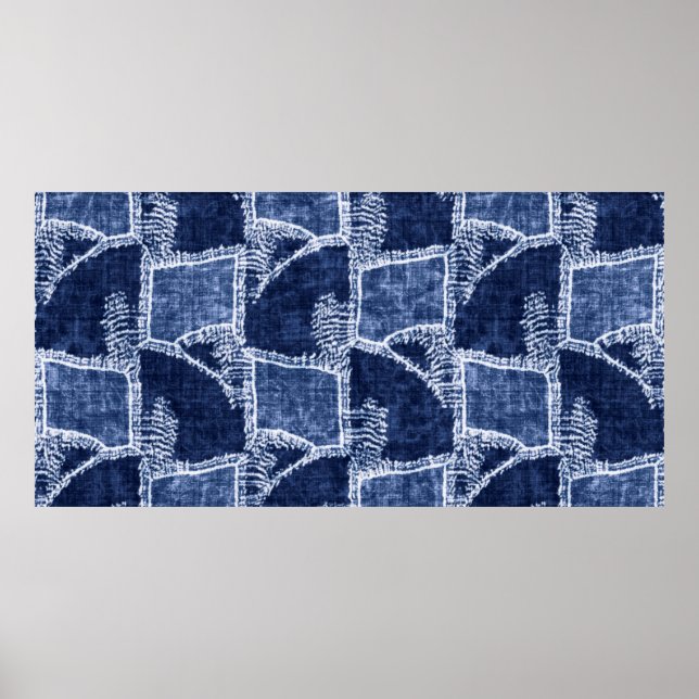 Indigo-Dyed Effect Textured Checked Patchwork Grap Poster (Front)