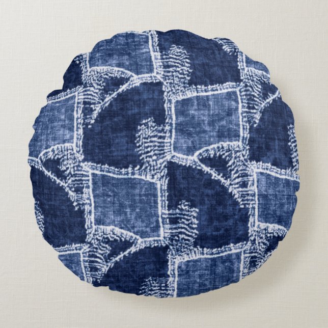 Indigo-Dyed Effect Textured Checked Patchwork Grap Round Cushion (Front)