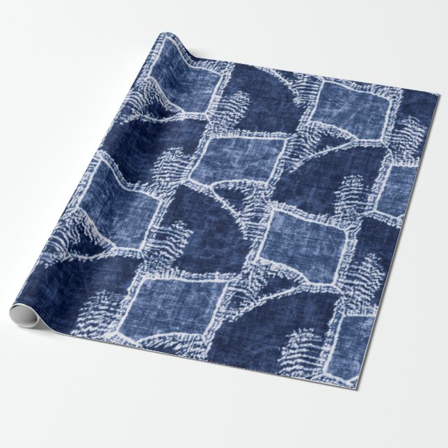 Indigo-Dyed Effect Textured Checked Patchwork Grap Wrapping Paper (Unrolled)