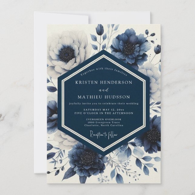 Indigo Ethereal Bloom Wedding Invitation (Front)