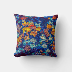 Indigo fall leaves swirl pattern cushion