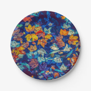 Indigo fall leaves swirl pattern paper plate