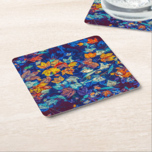 Indigo fall leaves swirl pattern square paper coaster