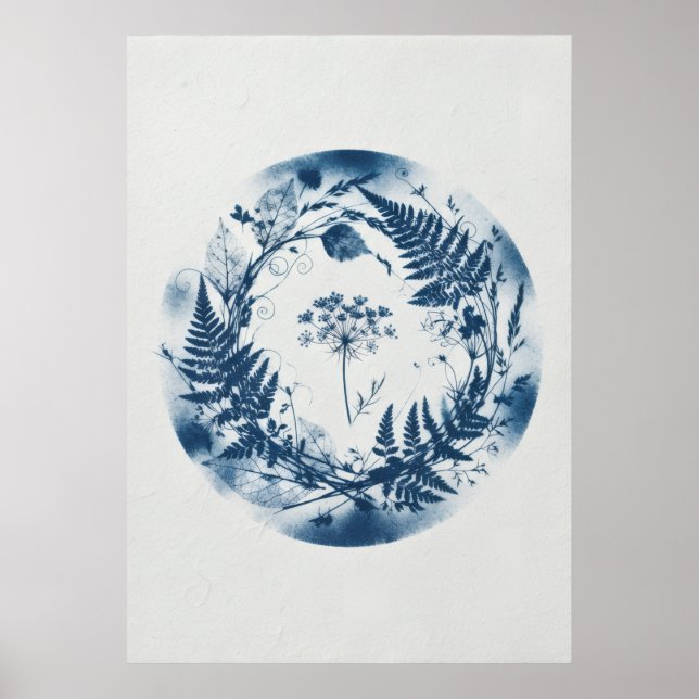 Indigo Fern Botanical Cyanotype Wreath Poster (Front)