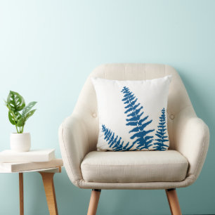 Indigo Fern White Plant Botanical Painting Cushion