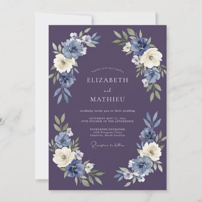 Indigo Floral Arch Wedding Invitation (Front)