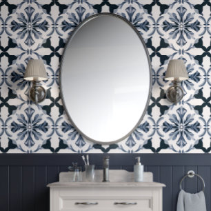 Indigo Floral Elegance Navy & Grey  French Country Wallpaper