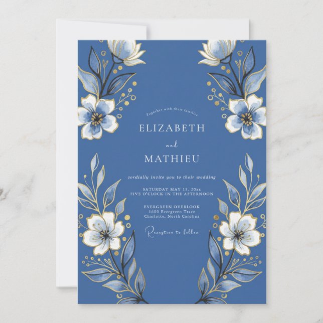Indigo Floral Flourish Wedding Invitation (Front)