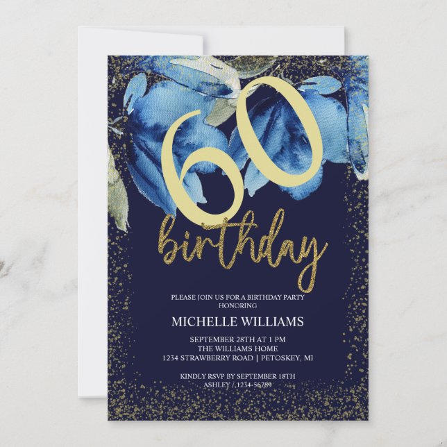 Indigo Floral Glitter Calligraphy Invitation (Front)